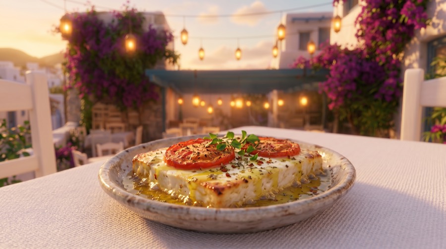 Oven-baked feta at Taverna Kostas